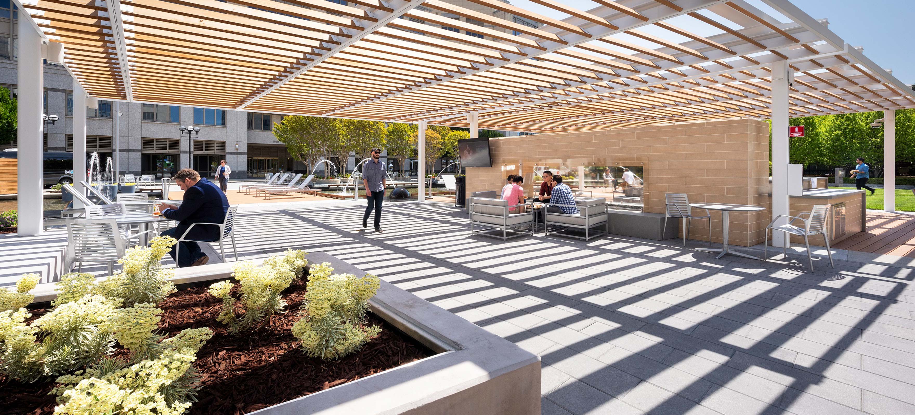 Office tenants enjoying outdoor common area at University Circle in E. Palo Alto